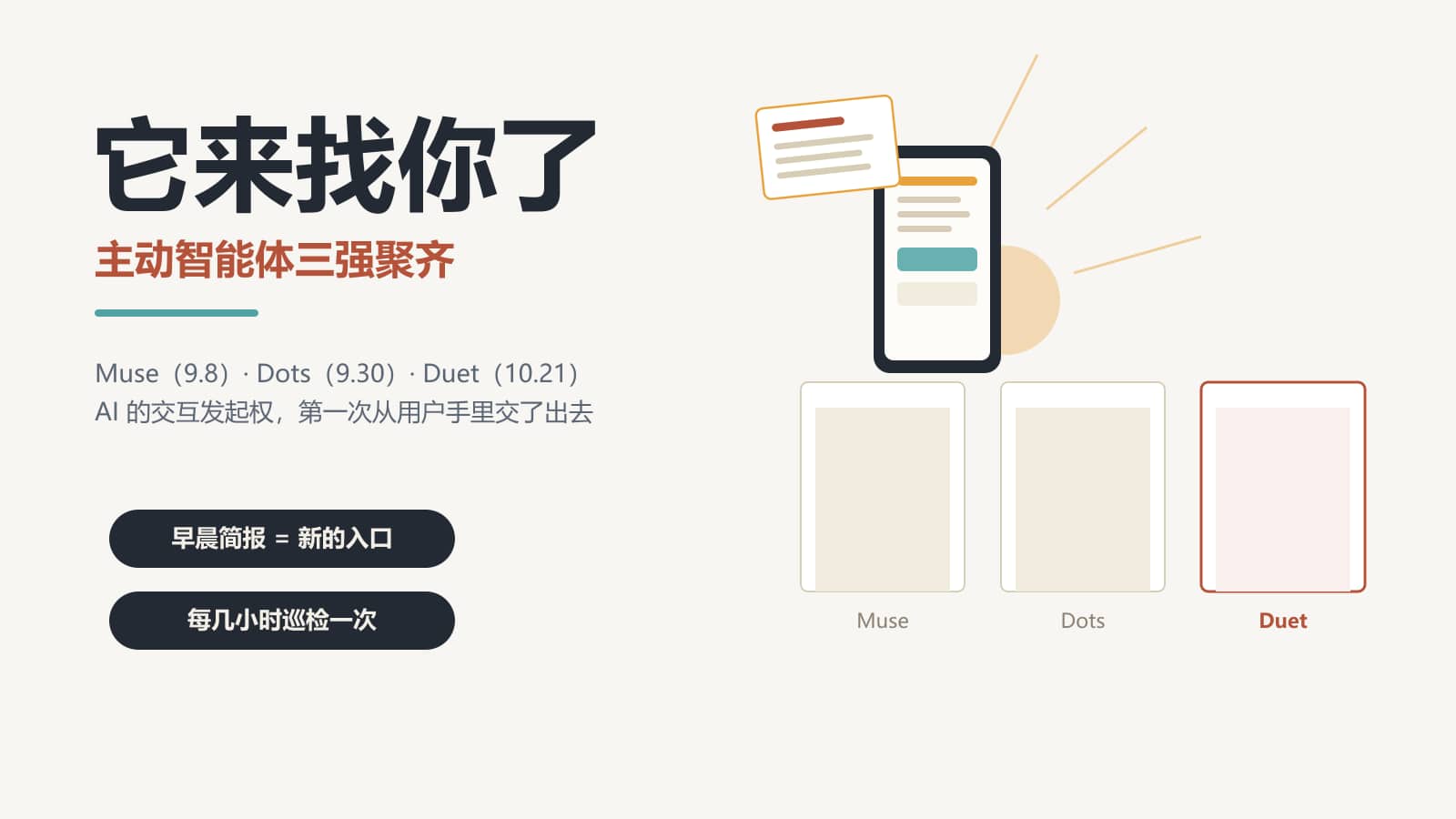 编辑插画：清晨桌面上一部手机立着，屏幕里浮出一张发光的简报卡，背景三扇门分别标着 Muse、Dots、Duet，其中 Duet 那扇最新打开，大标题「它来找你了」、副标题「主动智能体三强聚齐」。