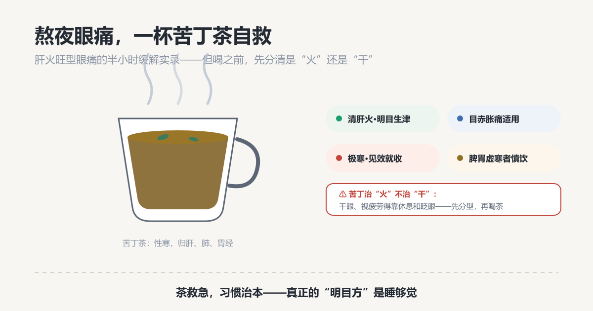 熬夜眼痛，一杯苦丁茶自救——但先分清是“火”还是“干”
